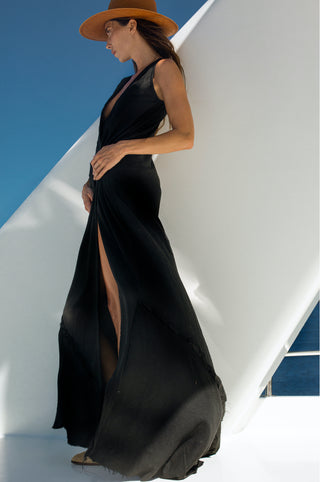 Handloom Raw Silk Wrap Dress Black