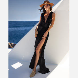 Handloom Raw Silk Wrap Dress Black